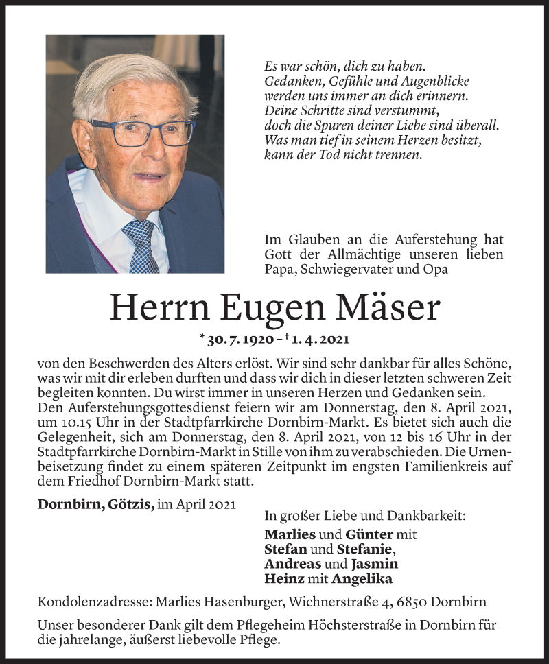  Todesanzeige für Eugen Mäser vom 02.04.2021 aus Vorarlberger Nachrichten