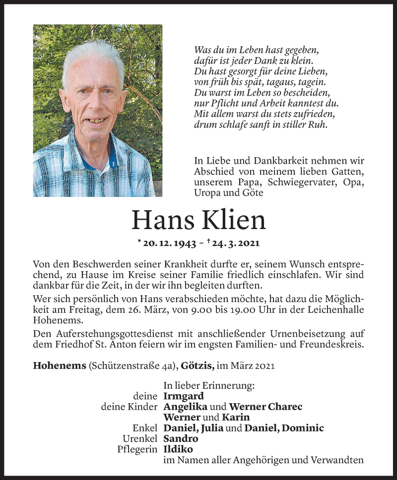  Todesanzeige für Hans Klien vom 25.03.2021 aus Vorarlberger Nachrichten