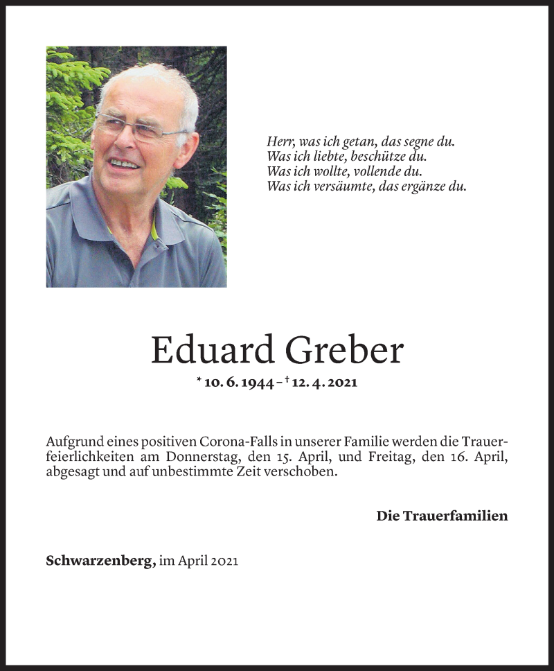  Todesanzeige für Eduard Greber vom 14.04.2021 aus Vorarlberger Nachrichten