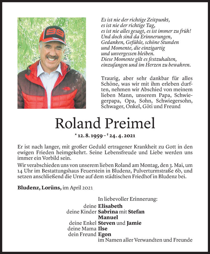  Todesanzeige für Roland Preimel vom 29.04.2021 aus Vorarlberger Nachrichten