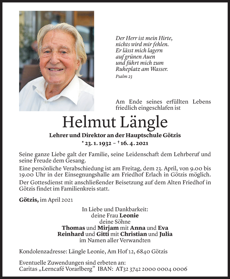  Todesanzeige für Helmut Längle vom 20.04.2021 aus Vorarlberger Nachrichten
