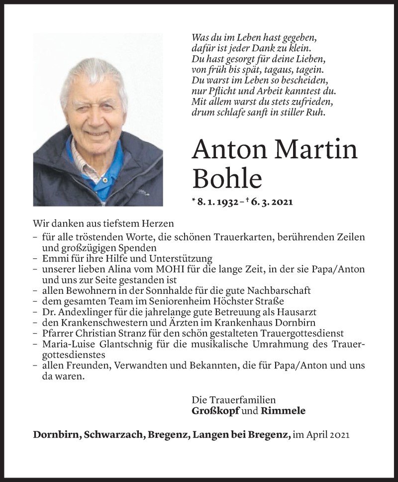  Todesanzeige für Anton Martin Bohle vom 02.04.2021 aus Vorarlberger Nachrichten