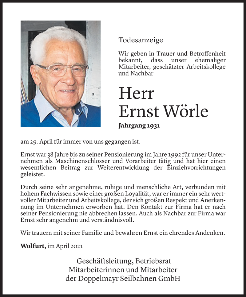  Todesanzeige für Ernst Wörle vom 02.05.2021 aus Vorarlberger Nachrichten