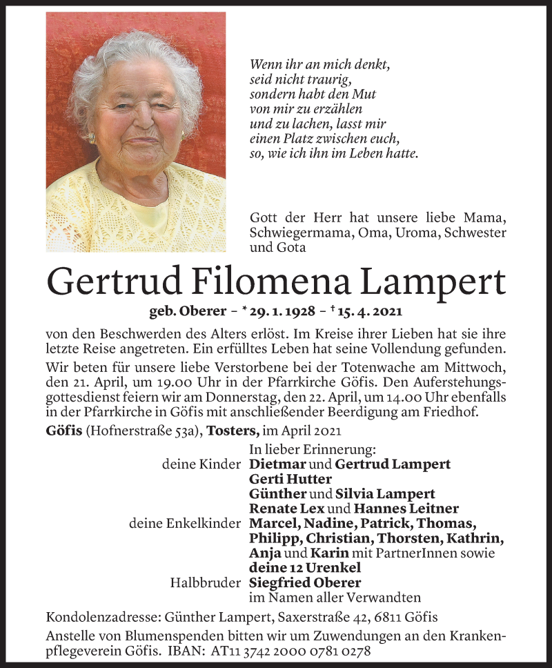  Todesanzeige für Gertrud Filomena Lampert vom 19.04.2021 aus Vorarlberger Nachrichten