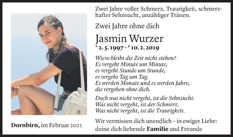  Todesanzeige für Jasmin Wurzer vom 10.02.2021 aus vorarlberger nachrichten