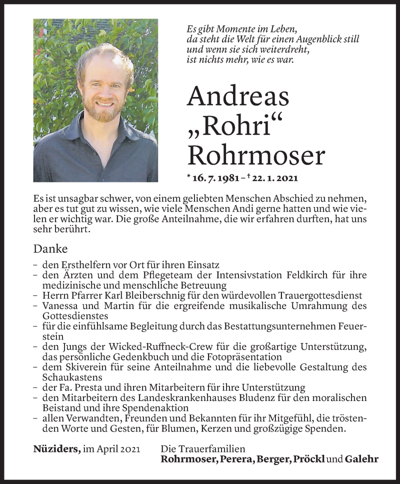  Todesanzeige für Andreas Rohrmoser vom 08.04.2021 aus Vorarlberger Nachrichten