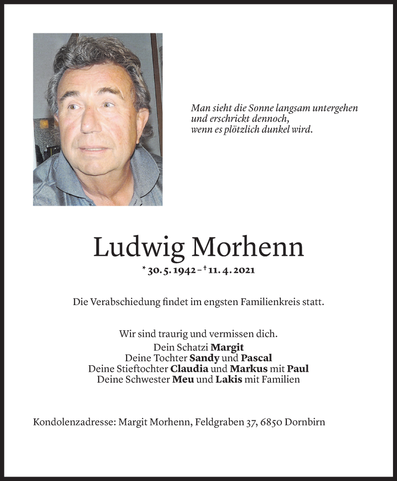  Todesanzeige für Ludwig Morhenn vom 17.04.2021 aus Vorarlberger Nachrichten