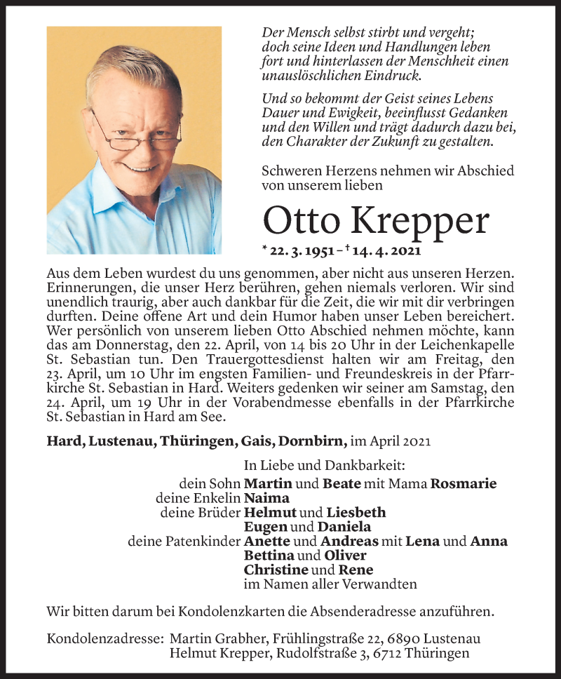  Todesanzeige für Otto Krepper vom 19.04.2021 aus Vorarlberger Nachrichten