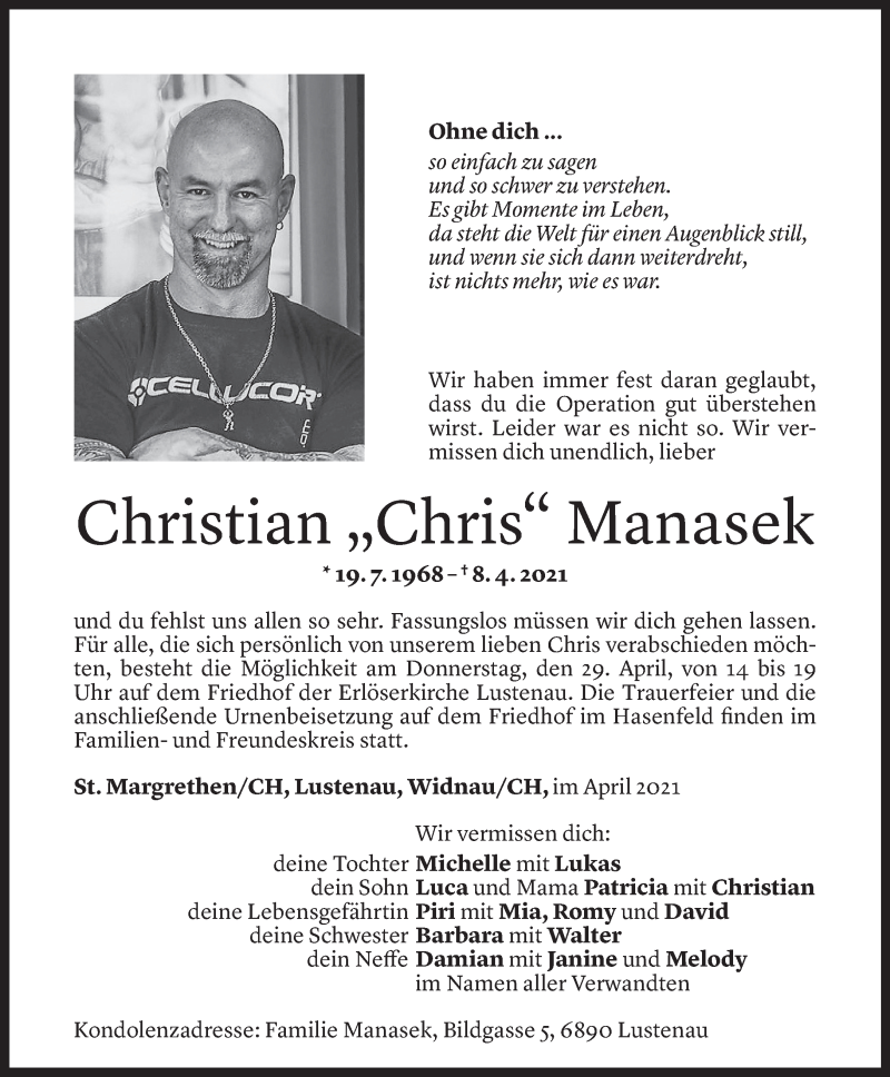  Todesanzeige für Christian Manasek vom 26.04.2021 aus Vorarlberger Nachrichten