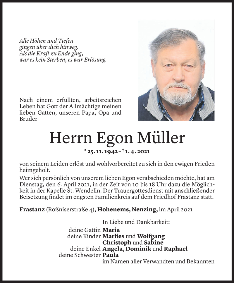  Todesanzeige für Egon Müller vom 02.04.2021 aus Vorarlberger Nachrichten
