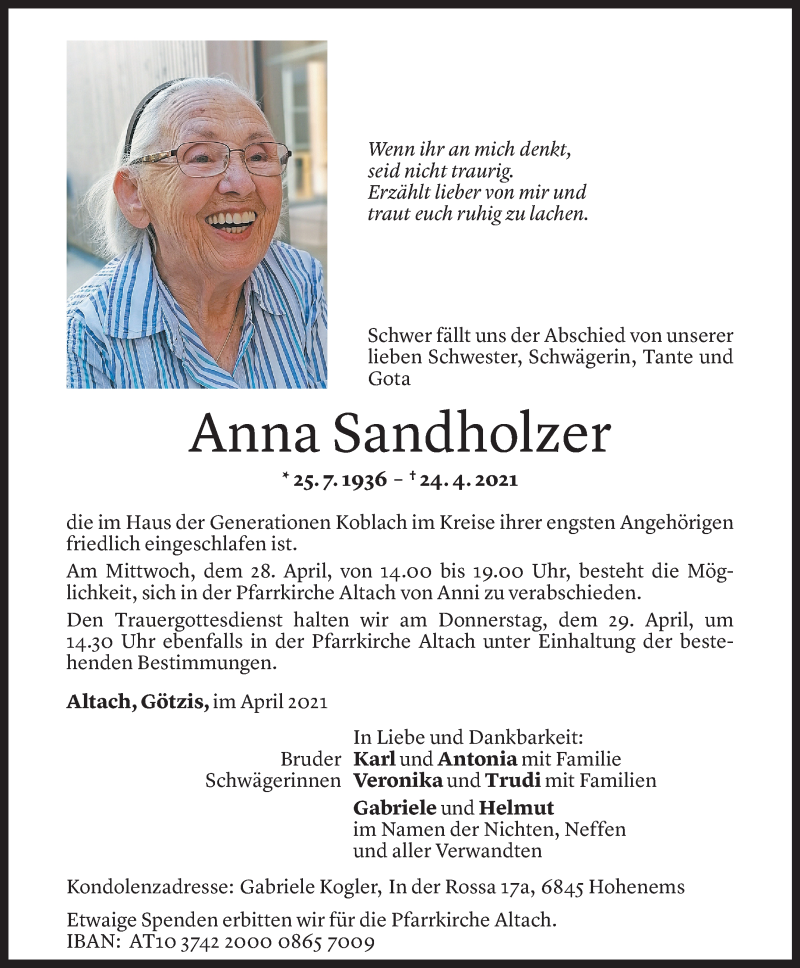  Todesanzeige für Anna Sandholzer vom 27.04.2021 aus Vorarlberger Nachrichten