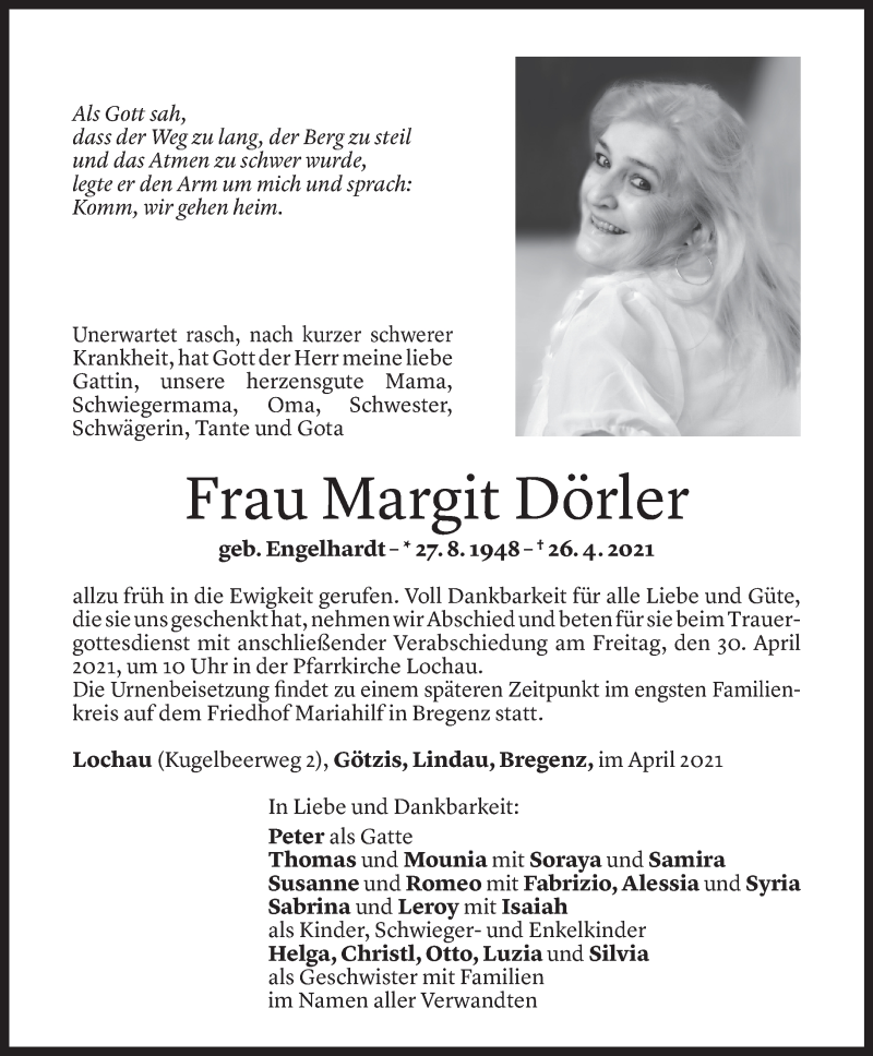  Todesanzeige für Margit Dörler vom 27.04.2021 aus Vorarlberger Nachrichten