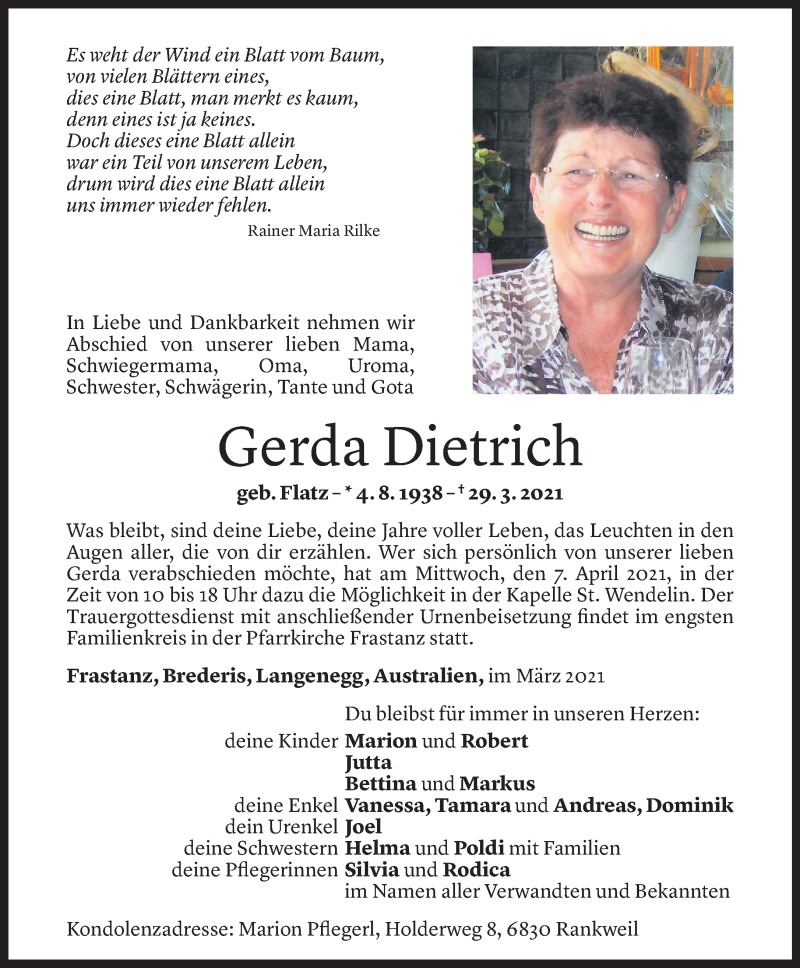 Todesanzeige für Gerda Dietrich vom 02.04.2021 aus Vorarlberger Nachrichten