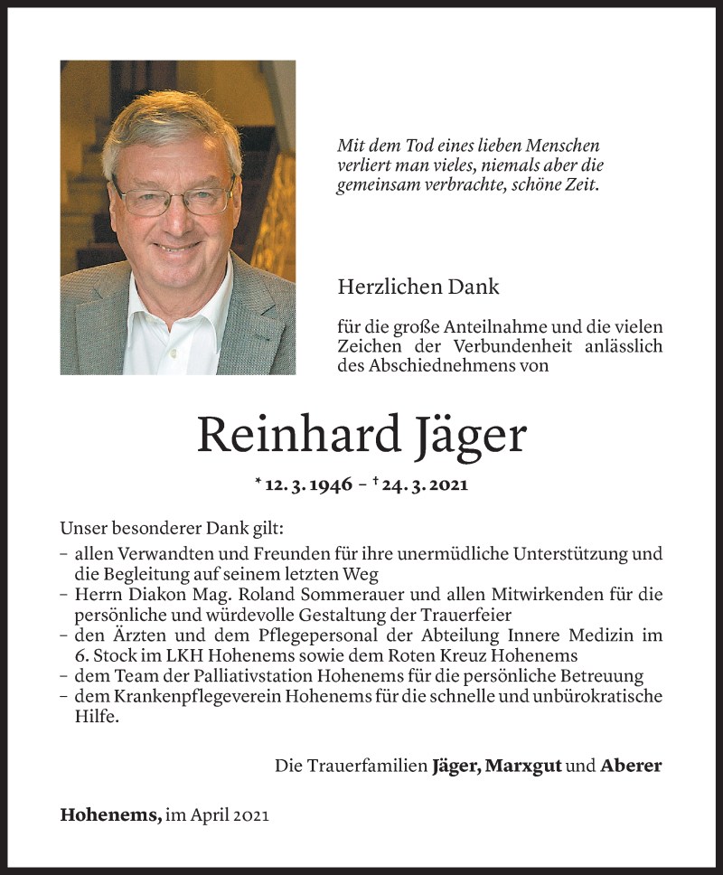  Todesanzeige für Reinhard Jäger vom 29.04.2021 aus Vorarlberger Nachrichten