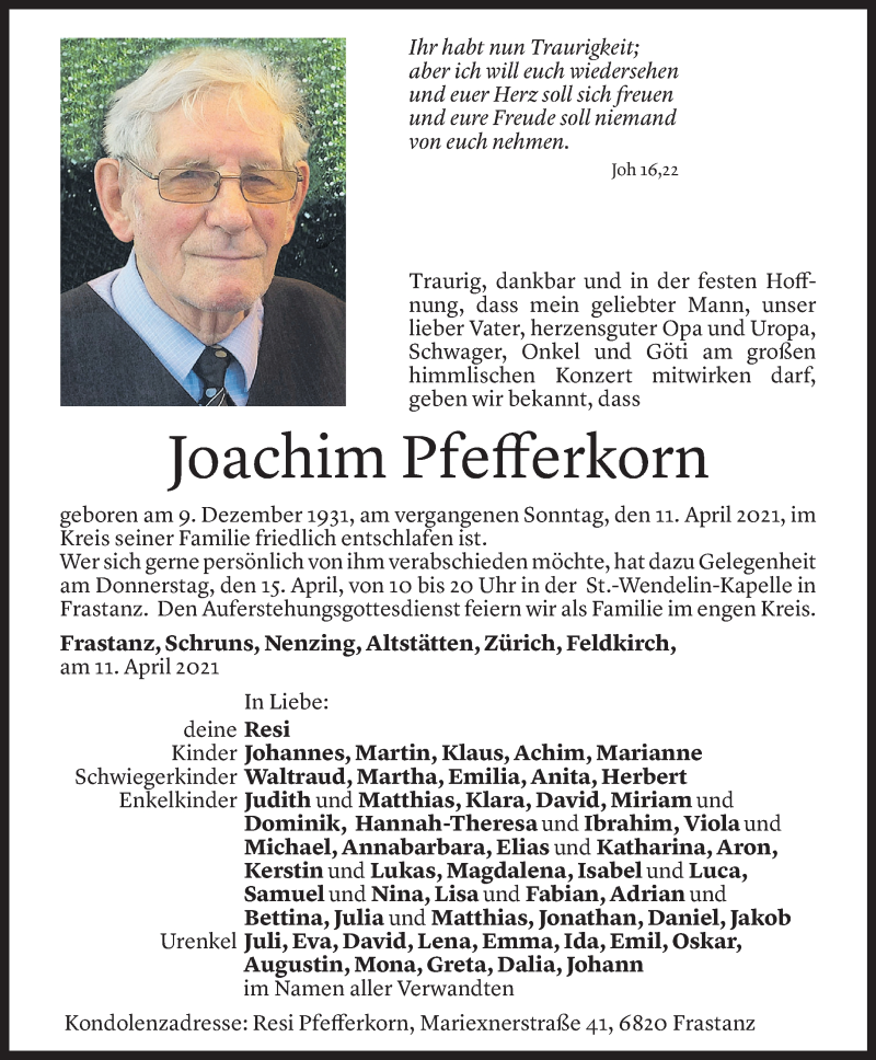  Todesanzeige für Joachim Pfefferkorn vom 13.04.2021 aus Vorarlberger Nachrichten