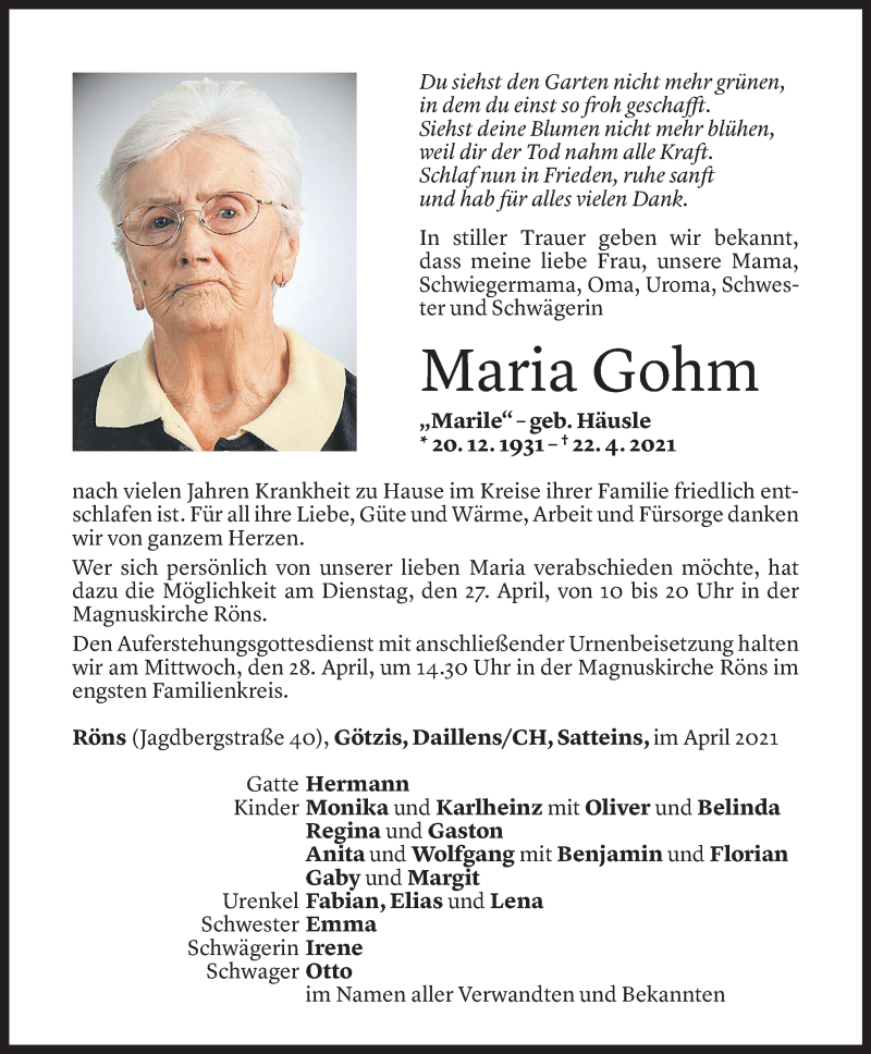  Todesanzeige für Maria Gohm vom 25.04.2021 aus Vorarlberger Nachrichten