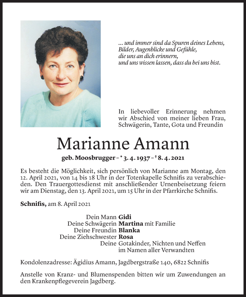  Todesanzeige für Marianne Amann vom 09.04.2021 aus Vorarlberger Nachrichten