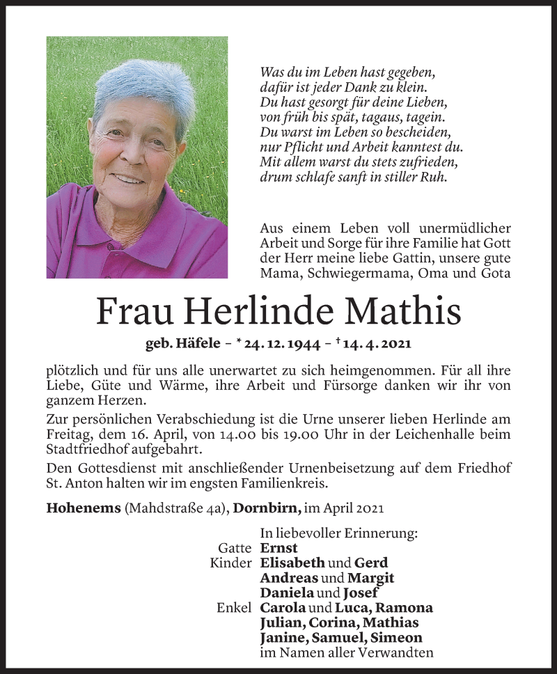 Todesanzeige für Herlinde Mathis vom 15.04.2021 aus Vorarlberger Nachrichten