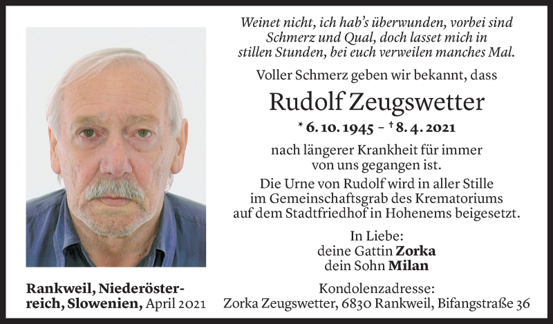  Todesanzeige für Rudolf Zeugswetter vom 16.04.2021 aus Vorarlberger Nachrichten