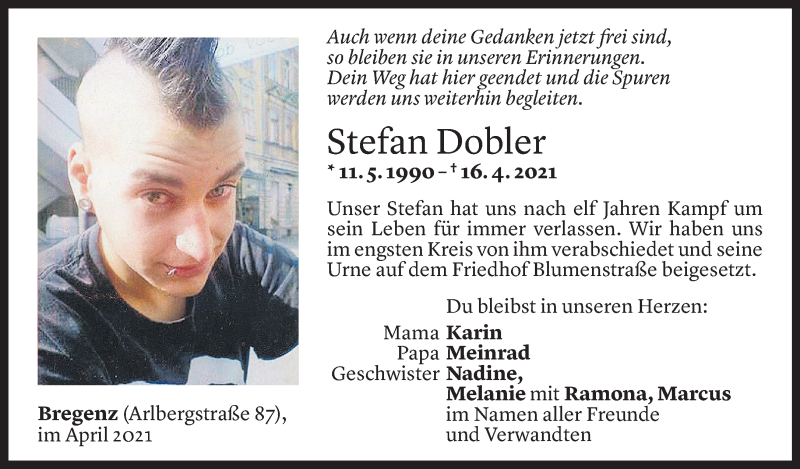  Todesanzeige für Stefan Dobler vom 30.04.2021 aus Vorarlberger Nachrichten