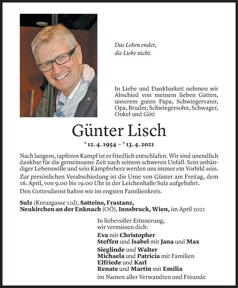  Todesanzeige für Günter Lisch vom 15.04.2021 aus Vorarlberger Nachrichten
