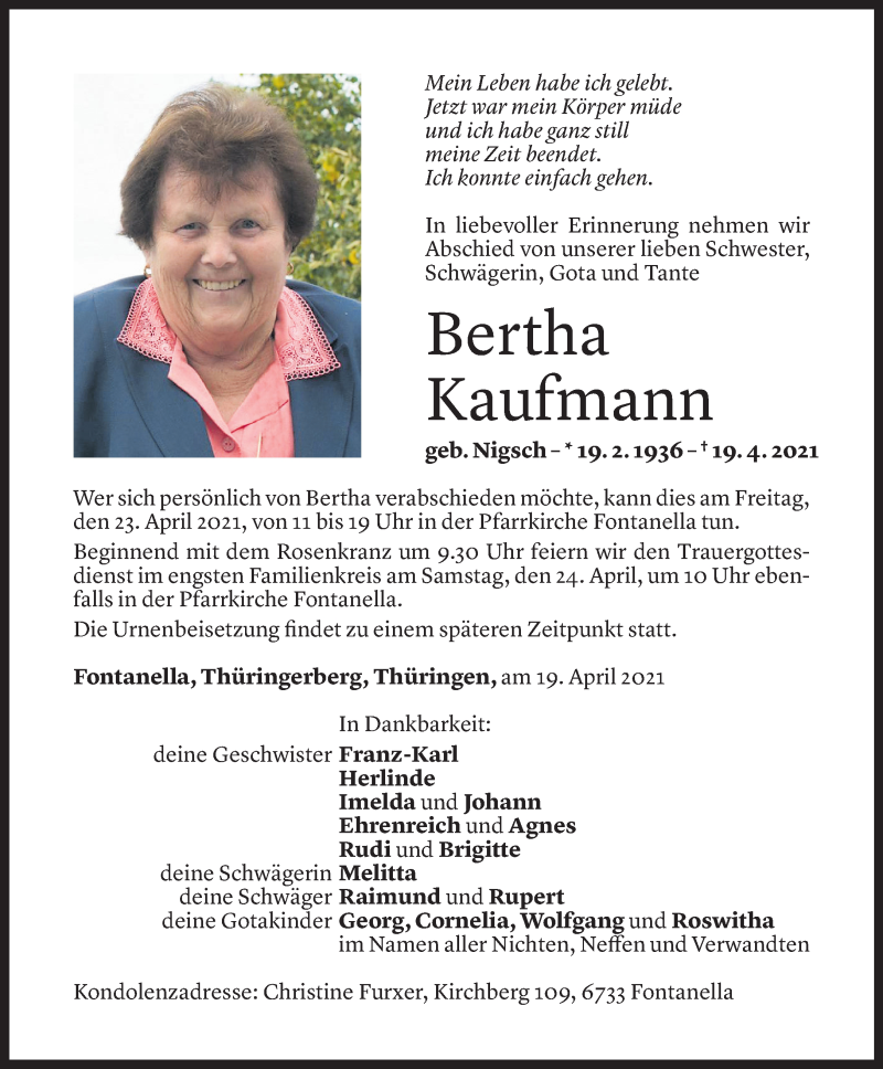  Todesanzeige für Bertha Kaufmann vom 21.04.2021 aus Vorarlberger Nachrichten