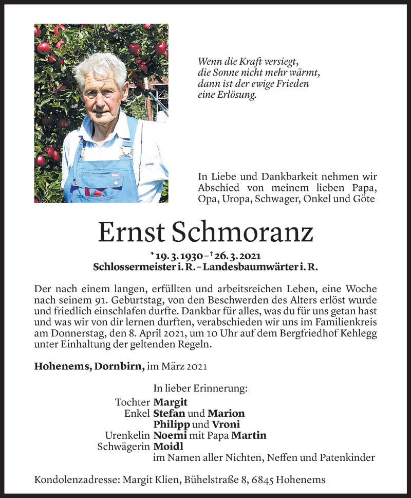  Todesanzeige für Ernst Schmoranz vom 02.04.2021 aus Vorarlberger Nachrichten