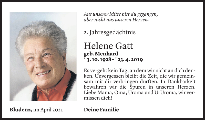  Todesanzeige für Helene Gatt vom 23.04.2021 aus Vorarlberger Nachrichten