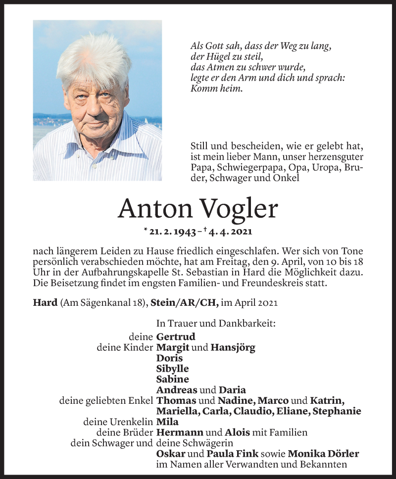  Todesanzeige für Anton Vogler vom 08.04.2021 aus Vorarlberger Nachrichten