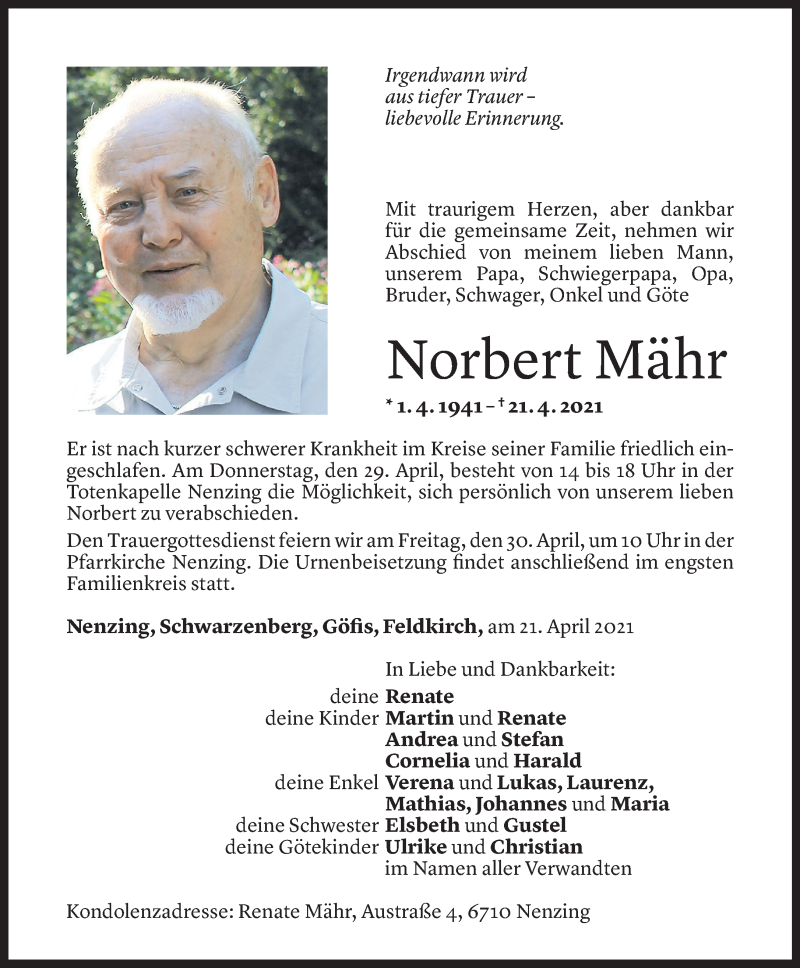  Todesanzeige für Norbert Mähr vom 27.04.2021 aus Vorarlberger Nachrichten