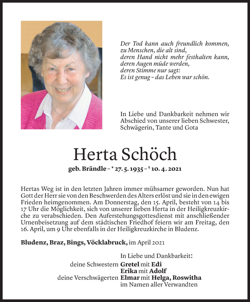  Todesanzeige für Herta Schöch vom 14.04.2021 aus Vorarlberger Nachrichten