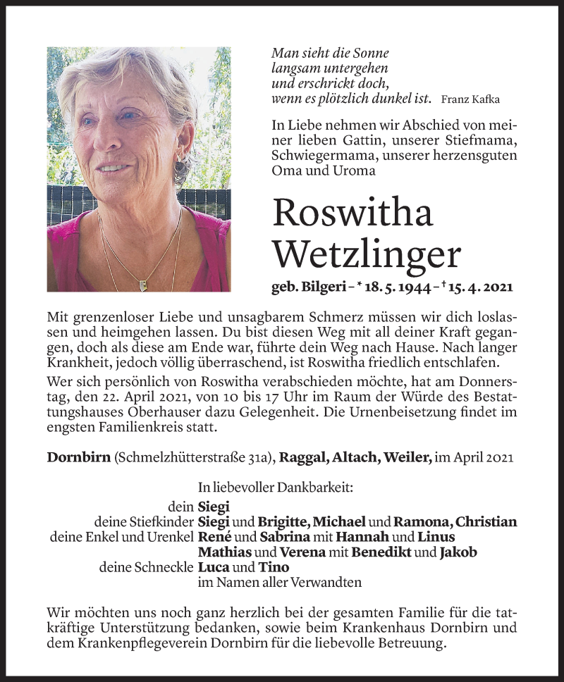  Todesanzeige für Roswitha Wetzlinger vom 19.04.2021 aus Vorarlberger Nachrichten