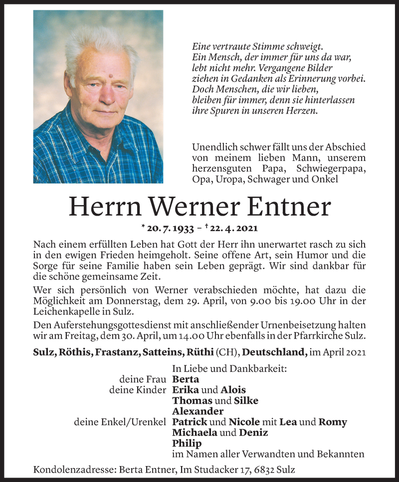 Todesanzeige für Werner Entner vom 27.04.2021 aus Vorarlberger Nachrichten