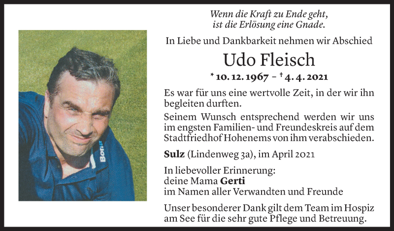  Todesanzeige für Udo Fleisch vom 07.04.2021 aus Vorarlberger Nachrichten