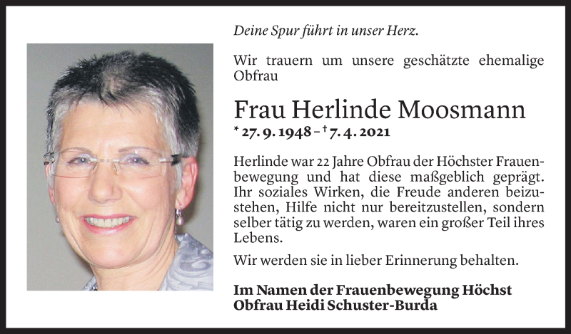  Todesanzeige für Herlinde Moosmann vom 08.04.2021 aus Vorarlberger Nachrichten