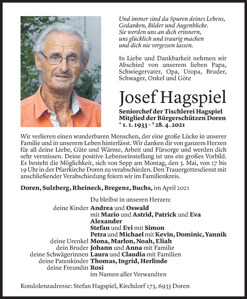  Todesanzeige für Josef Hagspiel vom 29.04.2021 aus Vorarlberger Nachrichten