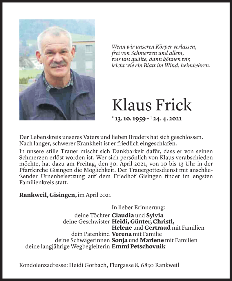  Todesanzeige für Klaus Frick vom 28.04.2021 aus Vorarlberger Nachrichten