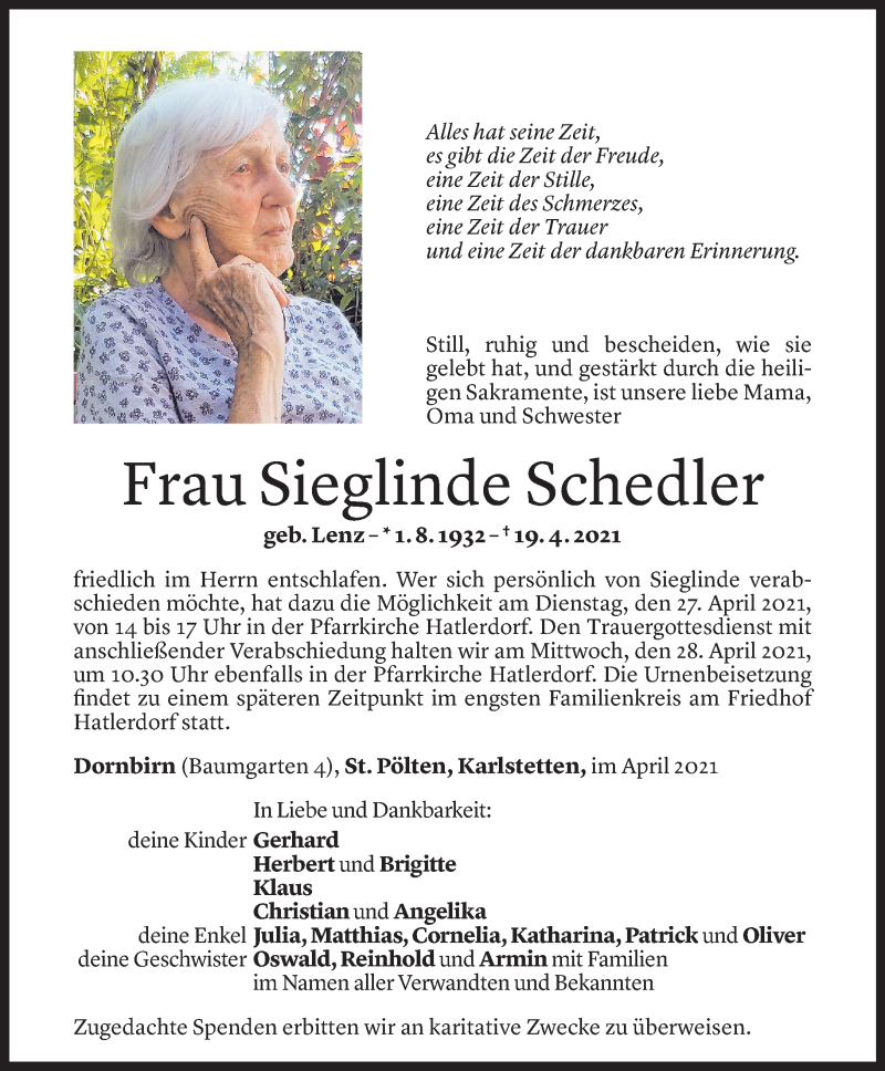  Todesanzeige für Sieglinde Schedler vom 23.04.2021 aus Vorarlberger Nachrichten
