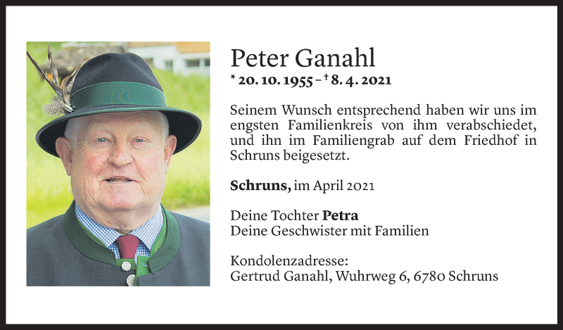  Todesanzeige für Peter Ganahl vom 14.03.2021 aus Vorarlberger Nachrichten
