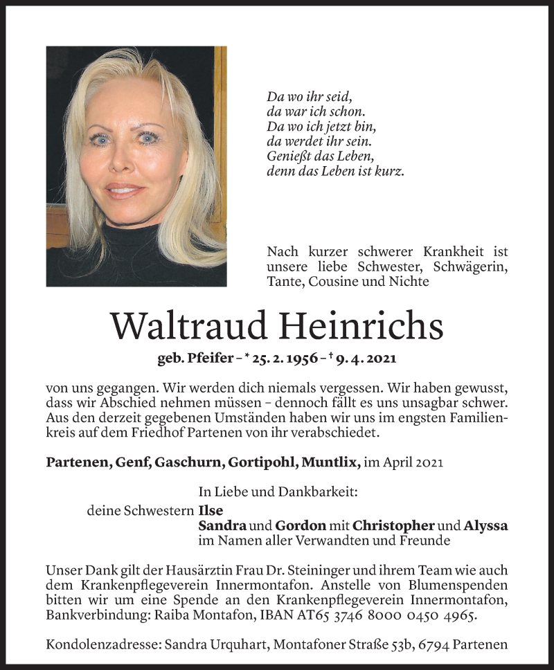  Todesanzeige für Waltraud Heinrichs vom 23.04.2021 aus Vorarlberger Nachrichten