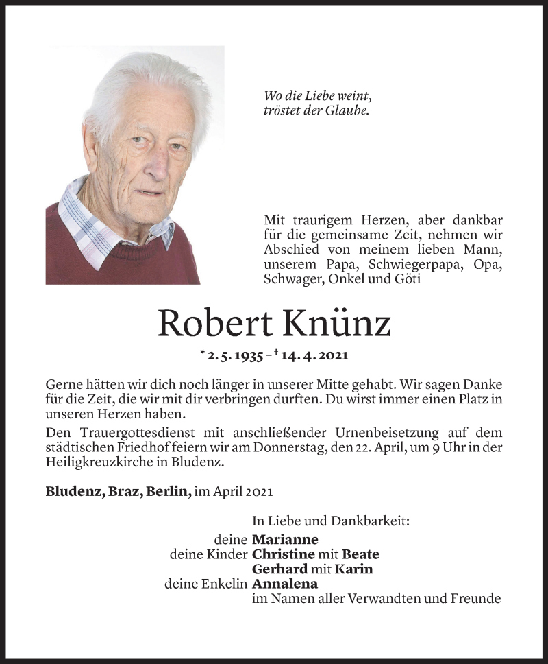  Todesanzeige für Robert Knünz vom 19.04.2021 aus Vorarlberger Nachrichten