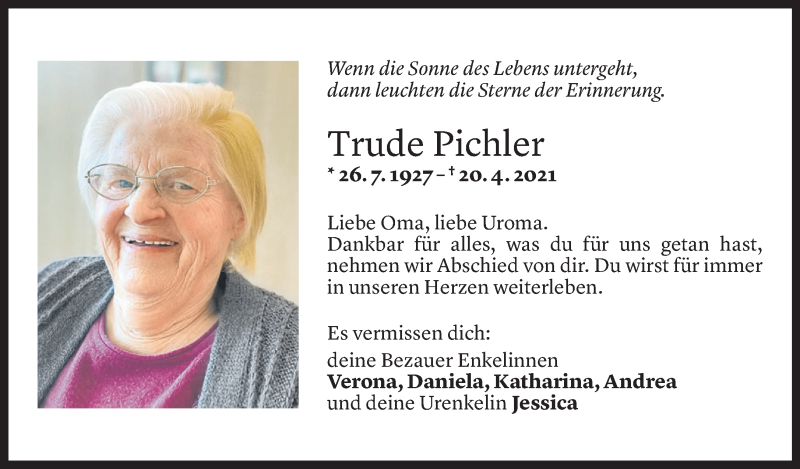  Todesanzeige für Edeltrude Pichler vom 23.04.2021 aus Vorarlberger Nachrichten