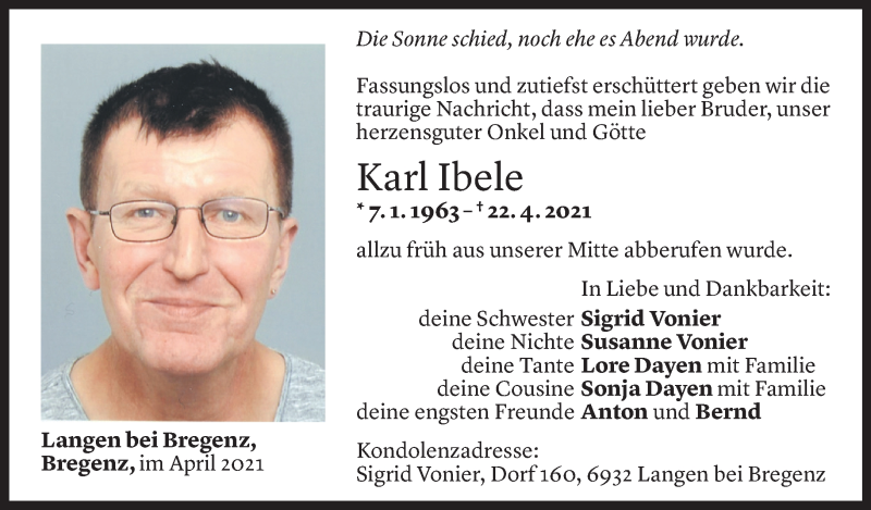  Todesanzeige für Karl Ibele vom 28.04.2021 aus Vorarlberger Nachrichten