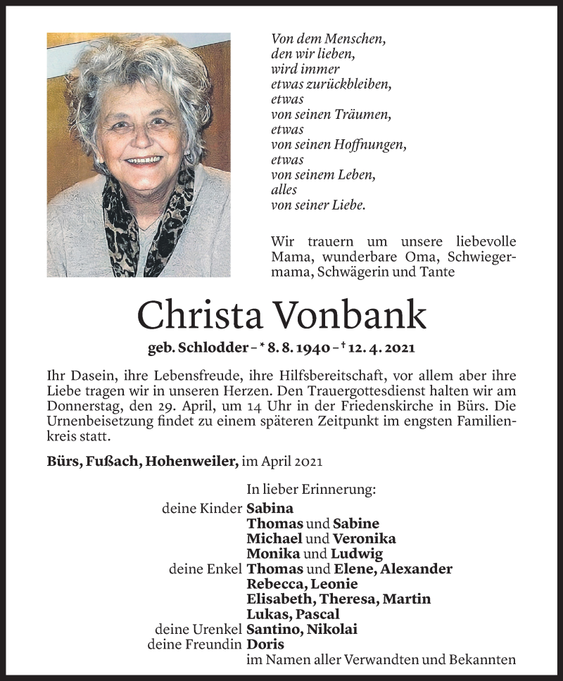 Todesanzeigen Von Christa Vonbank | Todesanzeigen Vorarlberger Nachrichten