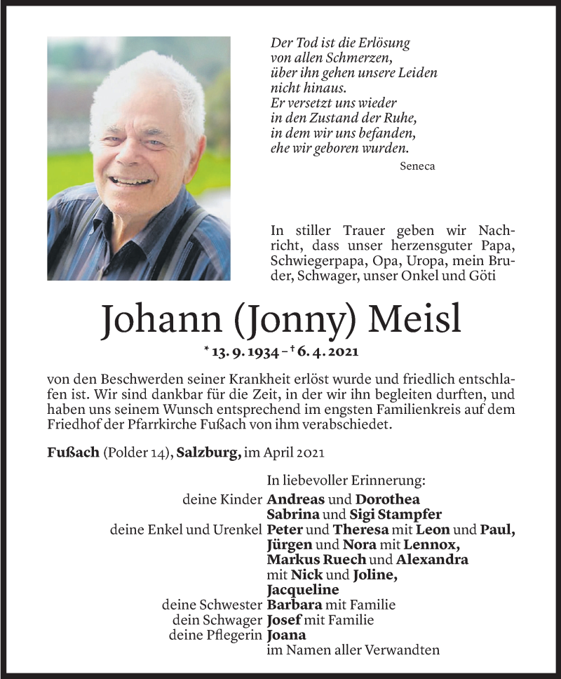  Todesanzeige für Johann Meisl vom 12.04.2021 aus Vorarlberger Nachrichten
