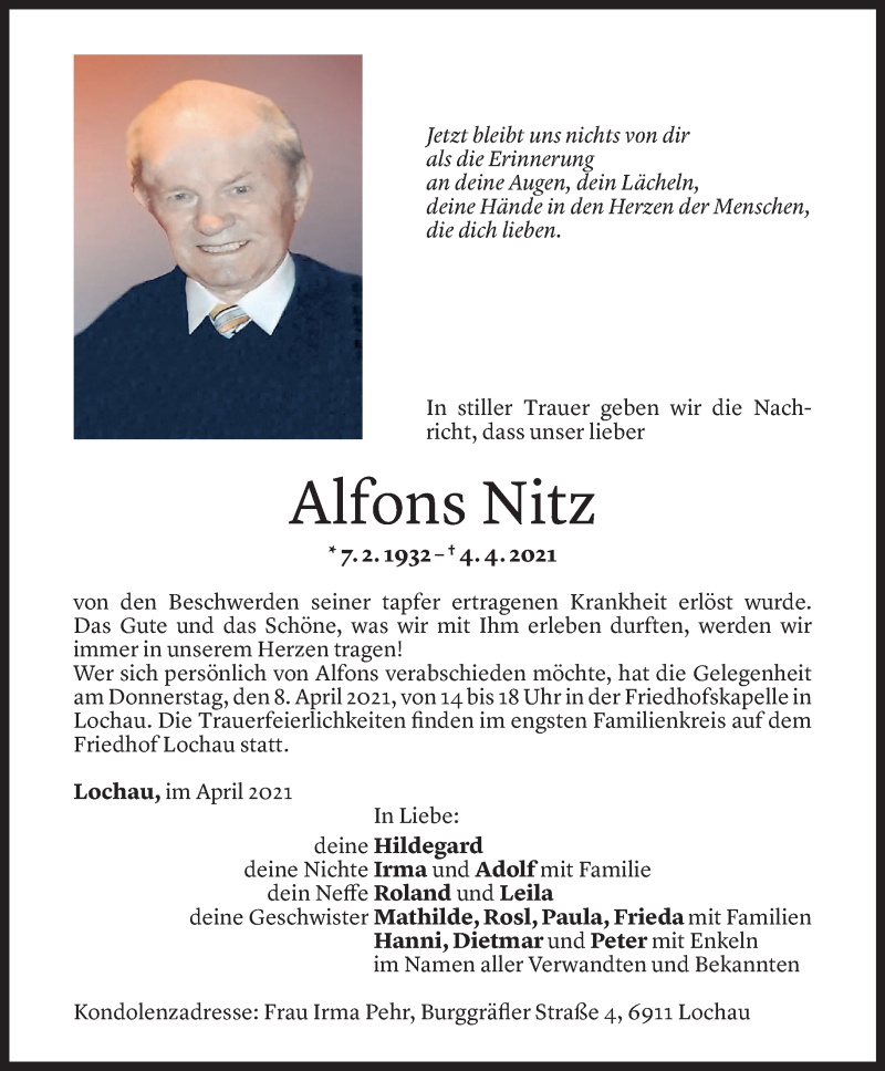  Todesanzeige für Alfons Nitz vom 08.04.2021 aus Vorarlberger Nachrichten