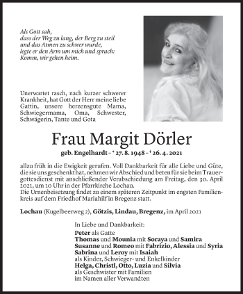 Todesanzeige von Margit Dörler von Vorarlberger Nachrichten