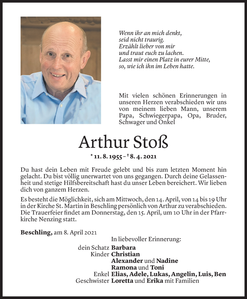  Todesanzeige für Arthur Stoß vom 12.04.2021 aus Vorarlberger Nachrichten