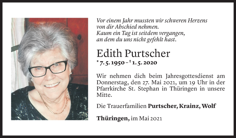  Todesanzeige für Edith Purtscher vom 02.05.2021 aus Vorarlberger Nachrichten