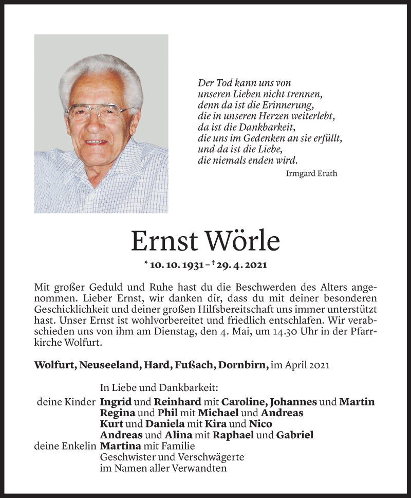  Todesanzeige für Ernst Wörle vom 29.04.2021 aus Vorarlberger Nachrichten
